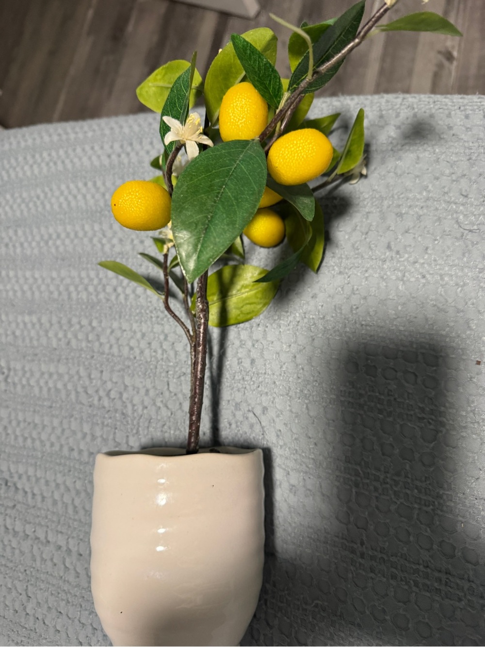 Artificial Lemon Stem in Cream Ceramic Pot - Bright Yellow Accent